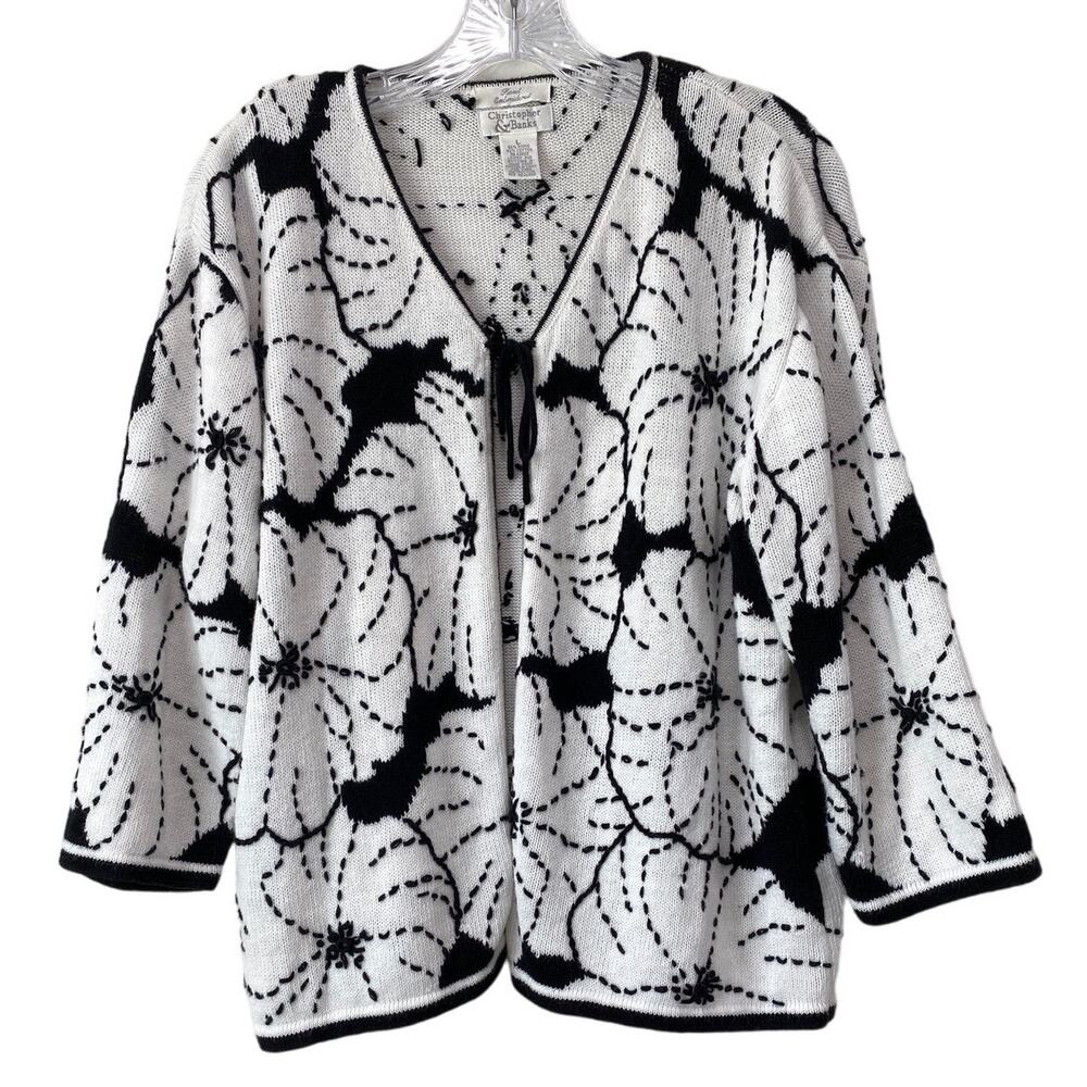 Vtg Christopher & Banks Hand Embroidered Tie Front Open Cardigan Sweater Size L